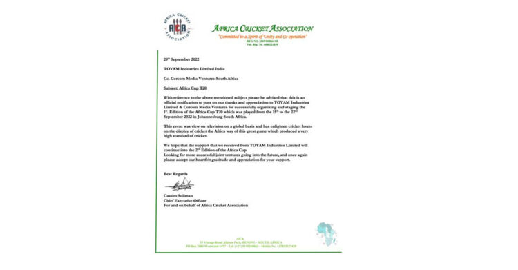 African Cricket Association lauds Toyam Industries Ltd efforts in concluding Africa Cup T20