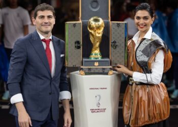 Deepika Padukone wears Louis Vuitton while presenting the FIFA World Cup Trophy in its Louis Vuitton Trunk at the FIFA World Cup Final Match