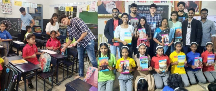 Distribution of educational materials by Rotaract Club of Pune Baner and various collaborating Rotaract clubs at Sishu Vihar Primary School of Pune University Branch